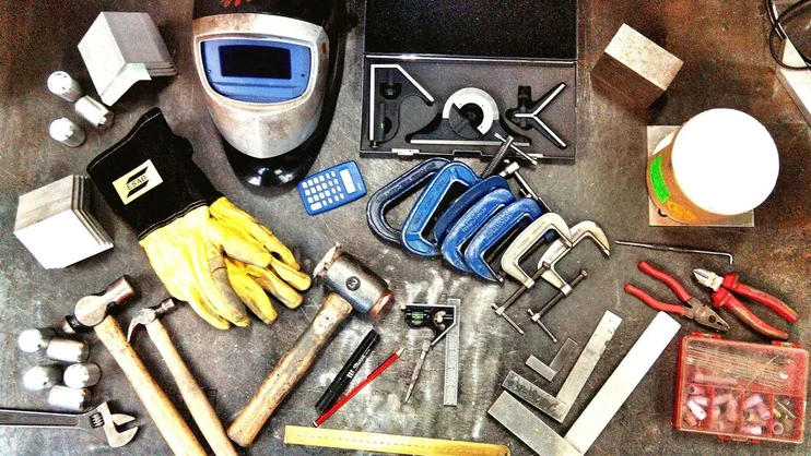 Industrial tools, gloves and workshop safety equipment