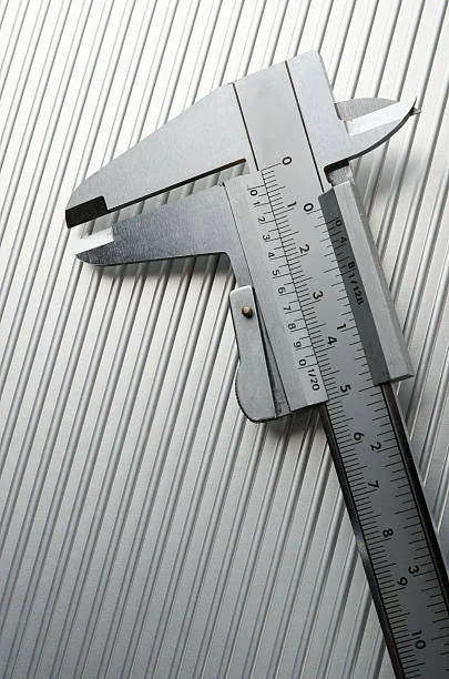 Vernier caliper measuring a precision metal surface
